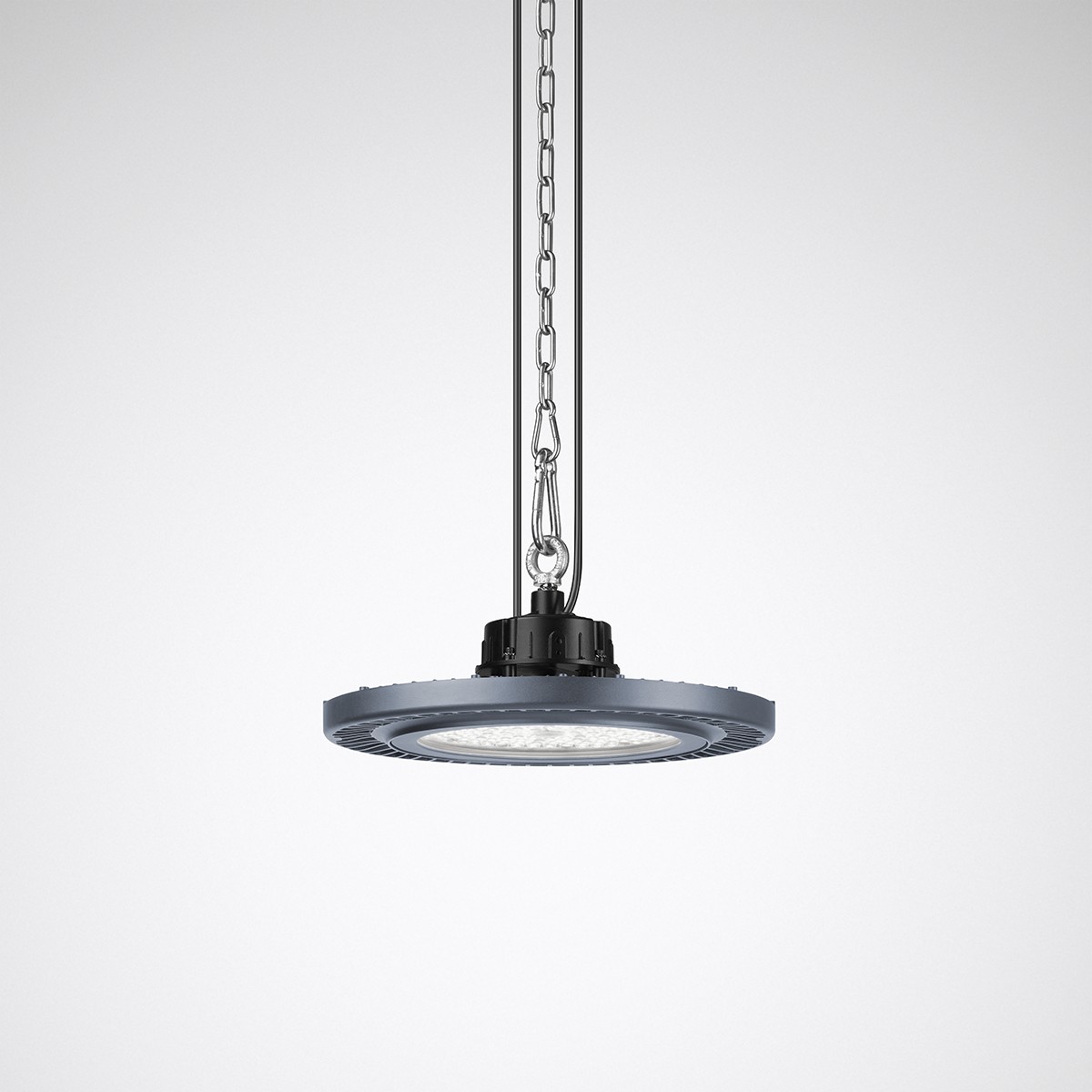 Rund UFO LED-höglampa från PROLJUS AB med kedja och kabel, slimmat grått hölje, kraftfull optik och energieffektiv robust konstruktion perfekt för lager, verkstad och industri