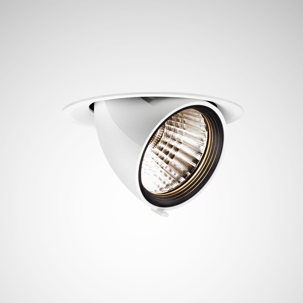 Vit infälld riktbar downlight med högkvalitativ reflektor och varm fokuserad ljusbild, modern energieffektiv armatur för butiker, gallerier och kontor från PROLJUS AB