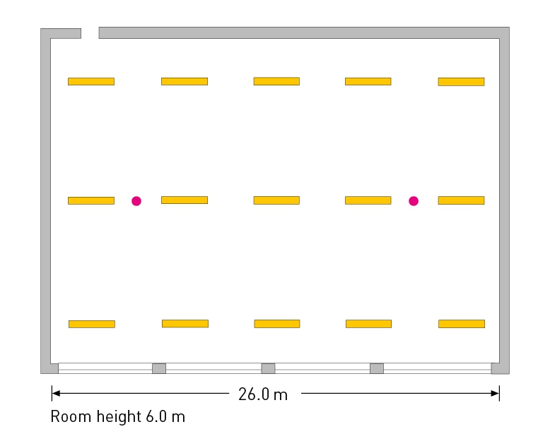 Planritning av en industrilokal 26,0 m bred och 6,0 m hög med 15 gula linjära armaturer fördelade i tre jämna rader och två rosa sensormarkeringar, visar PROLJUS ABs energieffektiva, lågt bländande och lättinstallerade belysningslösningar perfekta för produktion och lager — kontakta PROLJUS AB