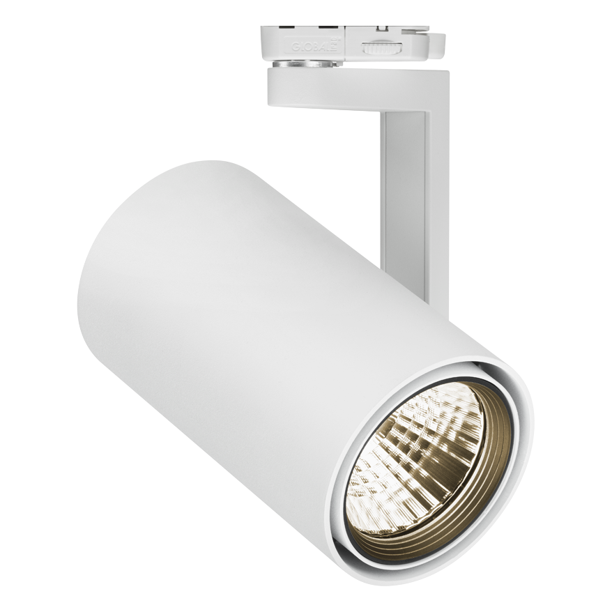 Vit cylindrisk riktbar LED-spott från PROLJUS AB med djup reflektor för kraftfullt, varmt och energieffektivt ljus, elegant design och flexibel spårmontering idealisk för butiks- och galleribelysning