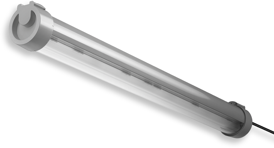 Linjär LED-armatur från PROLJUS AB med opal diffusor och grå ändstycken, robust och energieffektiv design för industriella och kommersiella miljöer