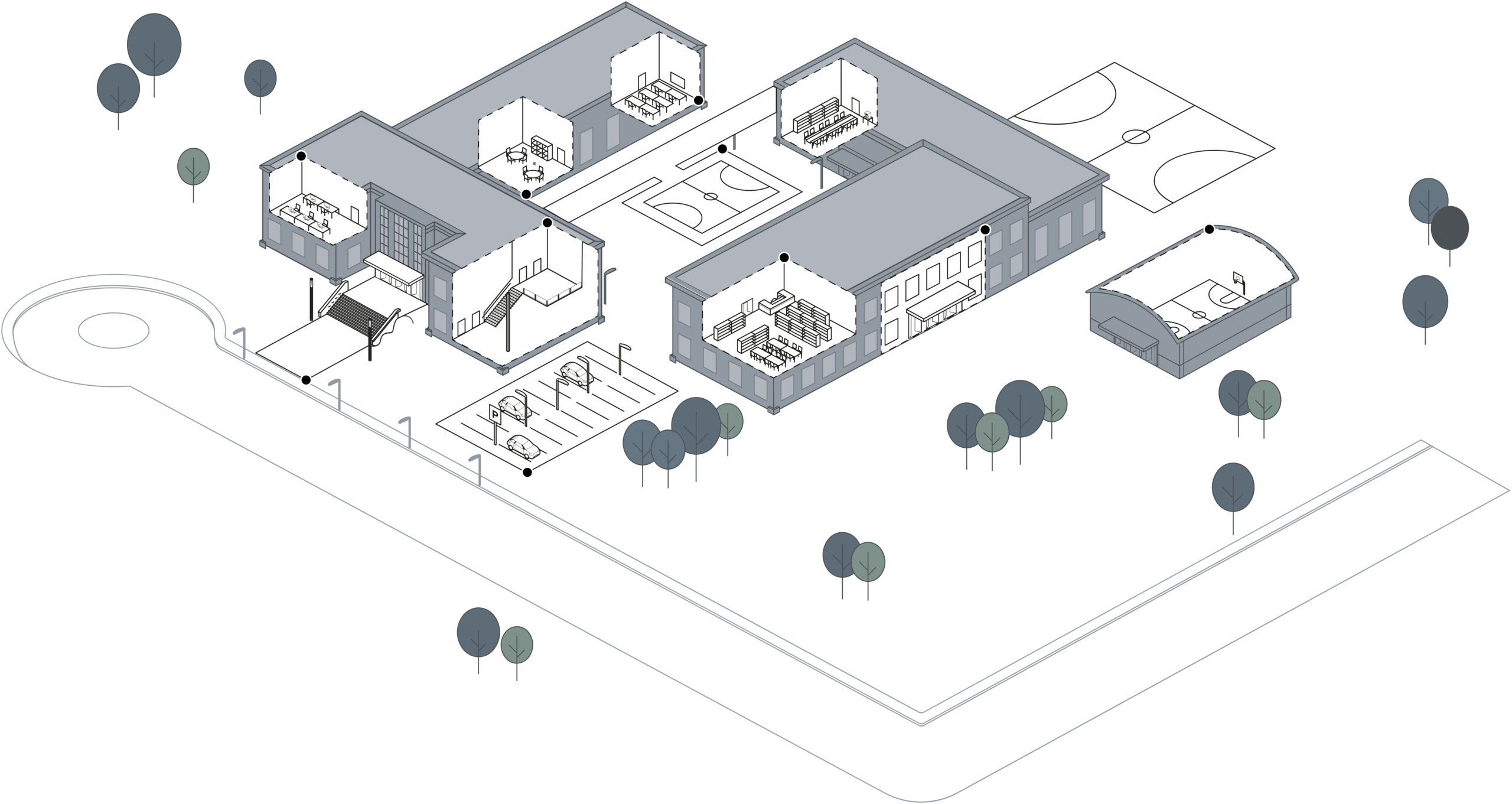 Isometrisk illustration av en skolanläggning med PROLJUS AB:s armaturer markerade: takpendlar och infällda takarmaturer i klassrum, bibliotek och korridorer, kraftfulla tak- och väggarmaturer i gym och sporthall, pollare längs infart och energieffektiva master i parkeringsyta — PROLJUS AB levererar hållbar, energieffektiv och skandinavisk designad belysning med smart styrning för trygghet, bättre lärandemiljö och lägre driftkostnader