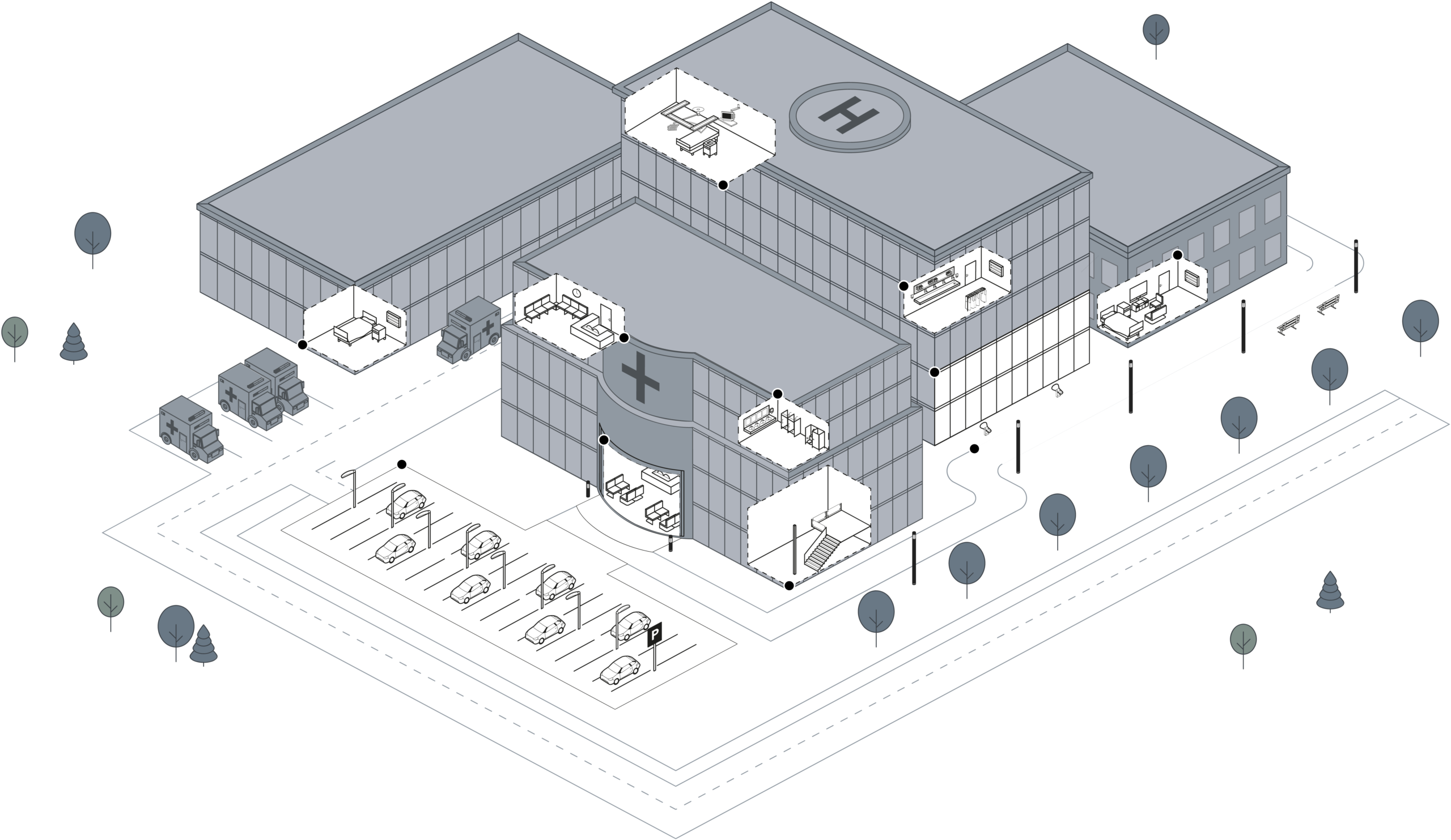 Isometrisk bild av sjukhus och parkering belyst med PROLJUS AB:s armaturer: jämn parkerings- och trottoarbelysning, fasad- och entrébelysning samt inomhusbelysning i väntrum och operationssalar, energieffektiva, dimbara och modulära armaturer som ökar säkerhet, komfort och sänker driftkostnader