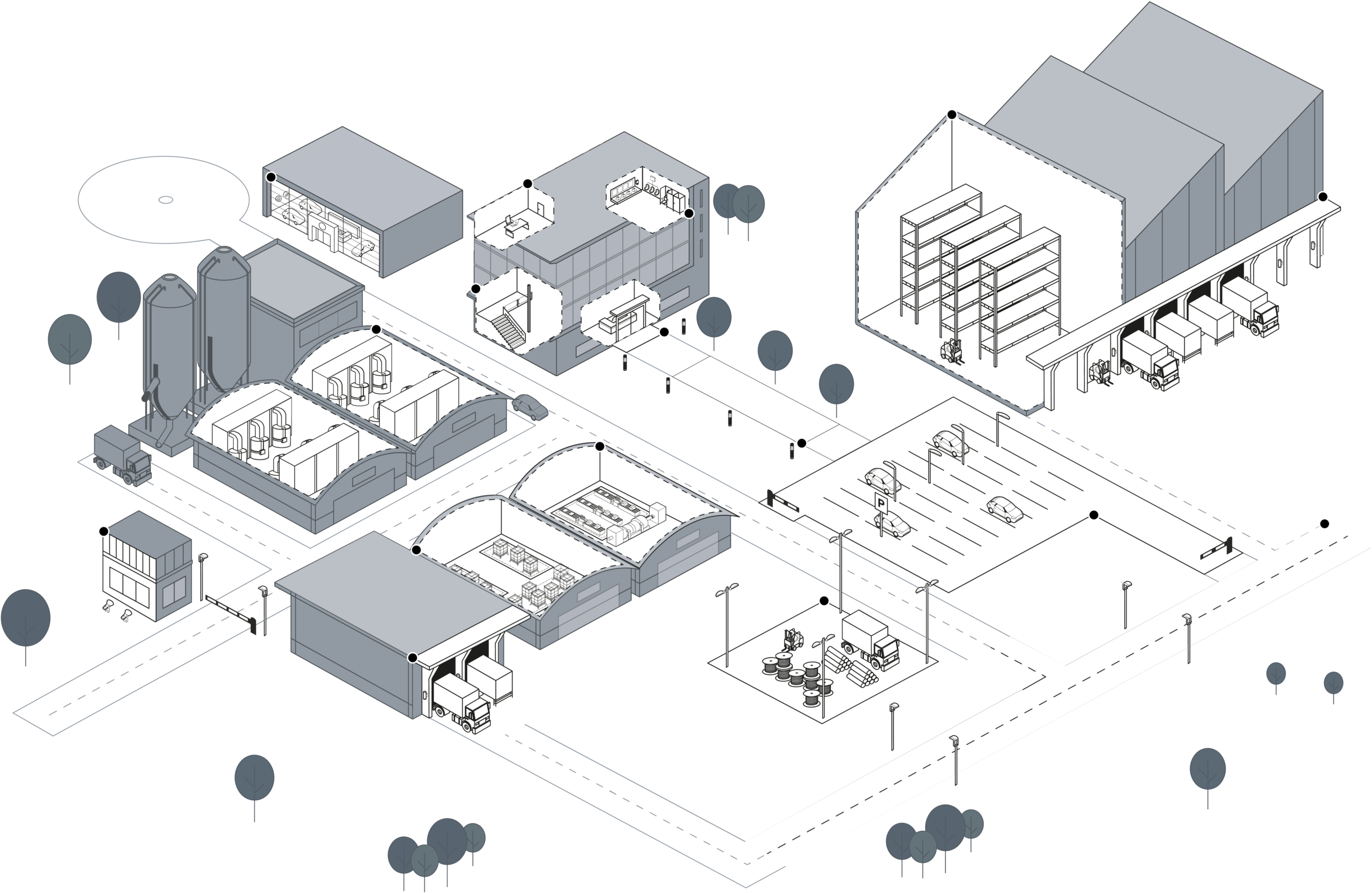 Isometrisk vy av ett industrikomplex med PROLJUS AB:s belysning: gatlyktor längs vägarna, parkeringsarmaturer, lastkaj‑ och rampbelysning samt högljussystem i lagerhallar — energieffektiva LED‑armaturer med jämn ljusfördelning, smart styrning och robust utförande som sänker driftkostnader och höjer säkerhet och produktivitet