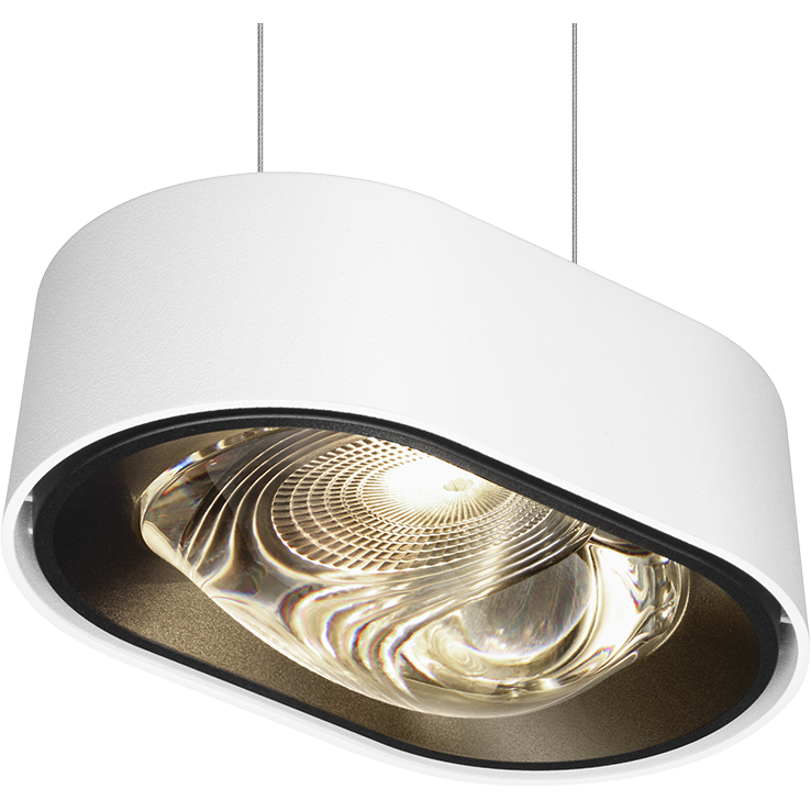 Vit hängande PROLJUS AB-luminär med oval stomme och skulpterad glaslins som ger varm, fokuserad belysning för restaurang, butik och kontor