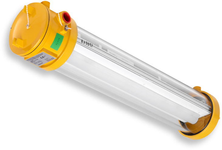 Vattentät och robust LED-längdarmatur med klarglas kåpa och gula ändlock, energieffektiv industribelysning för verkstad, lager och tuffa miljöer från PROLJUS AB