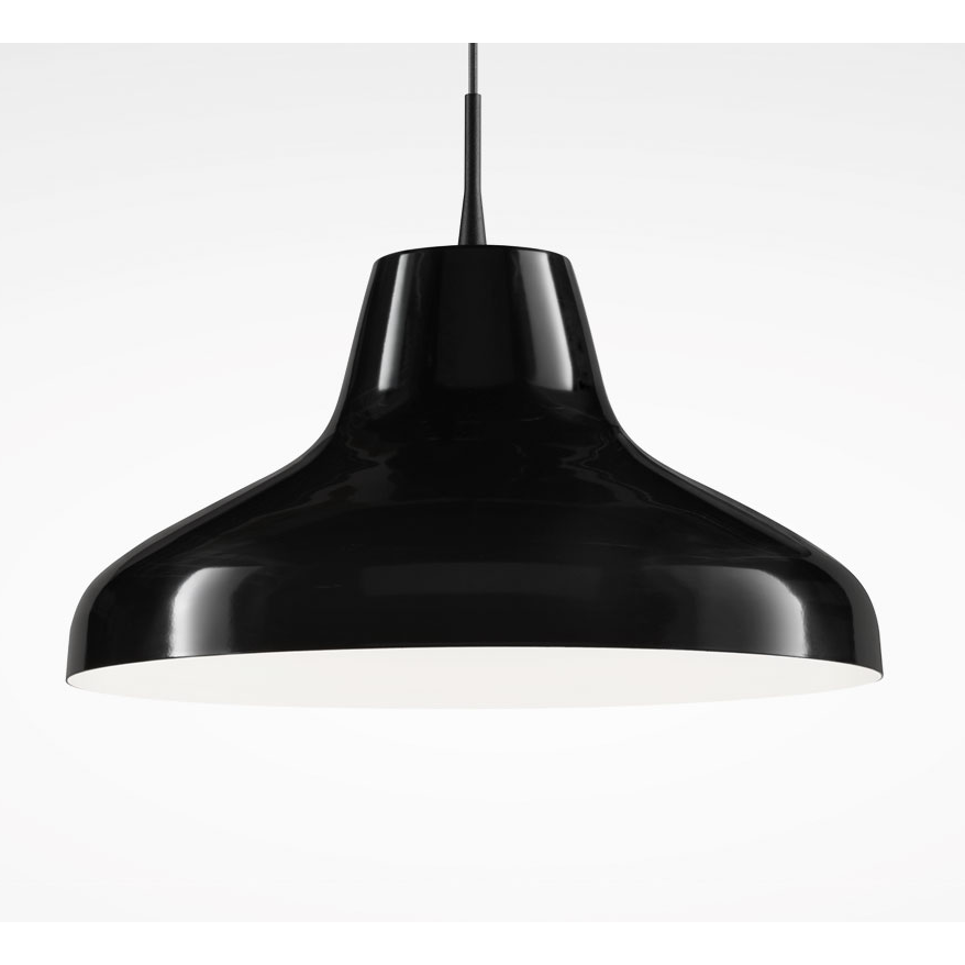 Blank svart hängande pendellampa med vid rund skärm och vit insida som ger rik nedåtriktad belysning, perfekt för moderna hem och restauranger, från PROLJUS AB
