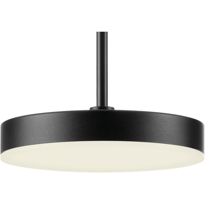 Svart rund LED-takpendel med tunn stång och mjuk vit diffusor, stilren energieffektiv ljuslösning från PROLJUS AB för kontor, butik och moderna hem