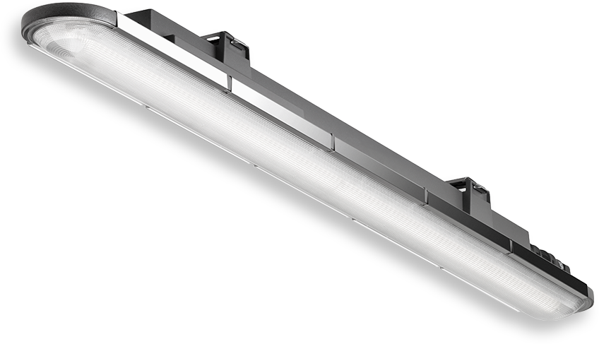 Lång, slimmad industriell LED-armatur i grått med opal diffusor från PROLJUS AB, energieffektiv och robust konstruktion för lager, garage och produktionsmiljöer, enkel montering och högt ljusutbyte