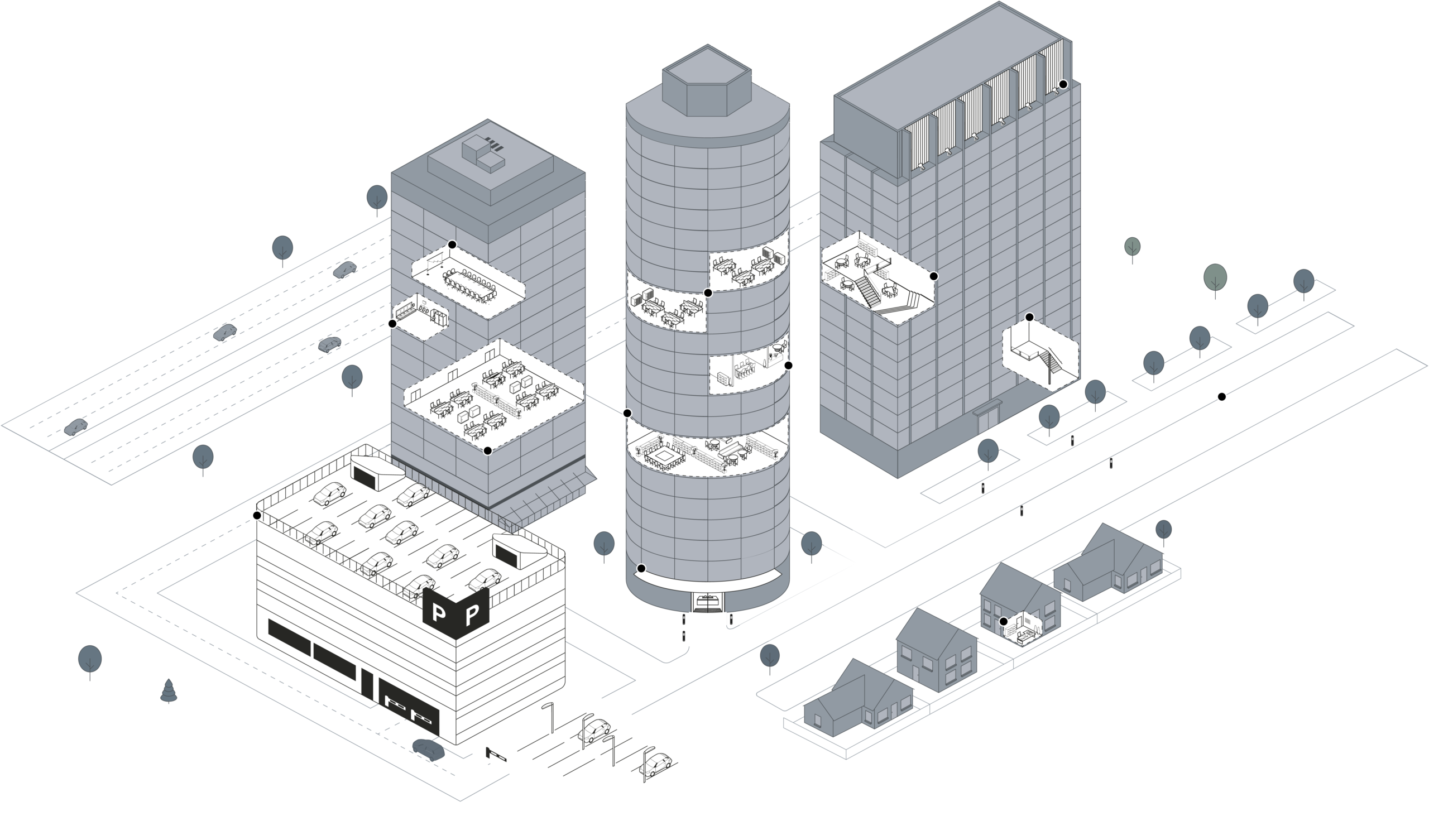 Isometrisk stadsbild med kontorsbyggnader, cylindertorn, parkeringshus och villor där PROLJUS ABs markerade LED-armaturer visar lösningar för kontor, trapphus, fasader, parkering och gator som ger energieffektiv, bländfri och dimbar belysning för förbättrad arbetsmiljö, säkerhet och fastighetsvärde