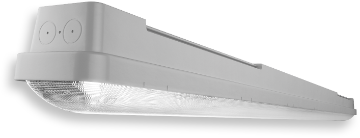 Slimmad vit LED-armatur från PROLJUS AB med vågmönstrad klar diffusor och integrerade kabelgenomföringar, energieffektiv, robust och lättmonterad belysning med lång livslängd idealisk för lager, garage och industrimiljöer