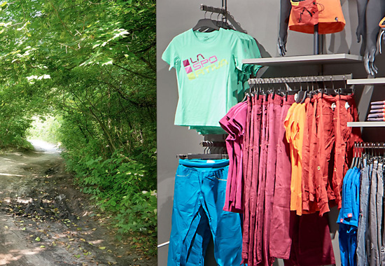 Färgstark butikshylla med kläder belysta av PROLJUS AB:s moderna energieffektiva armaturer som framhäver material och nyanser och skapar en inbjudande atmosfär som ökar kundernas köplust