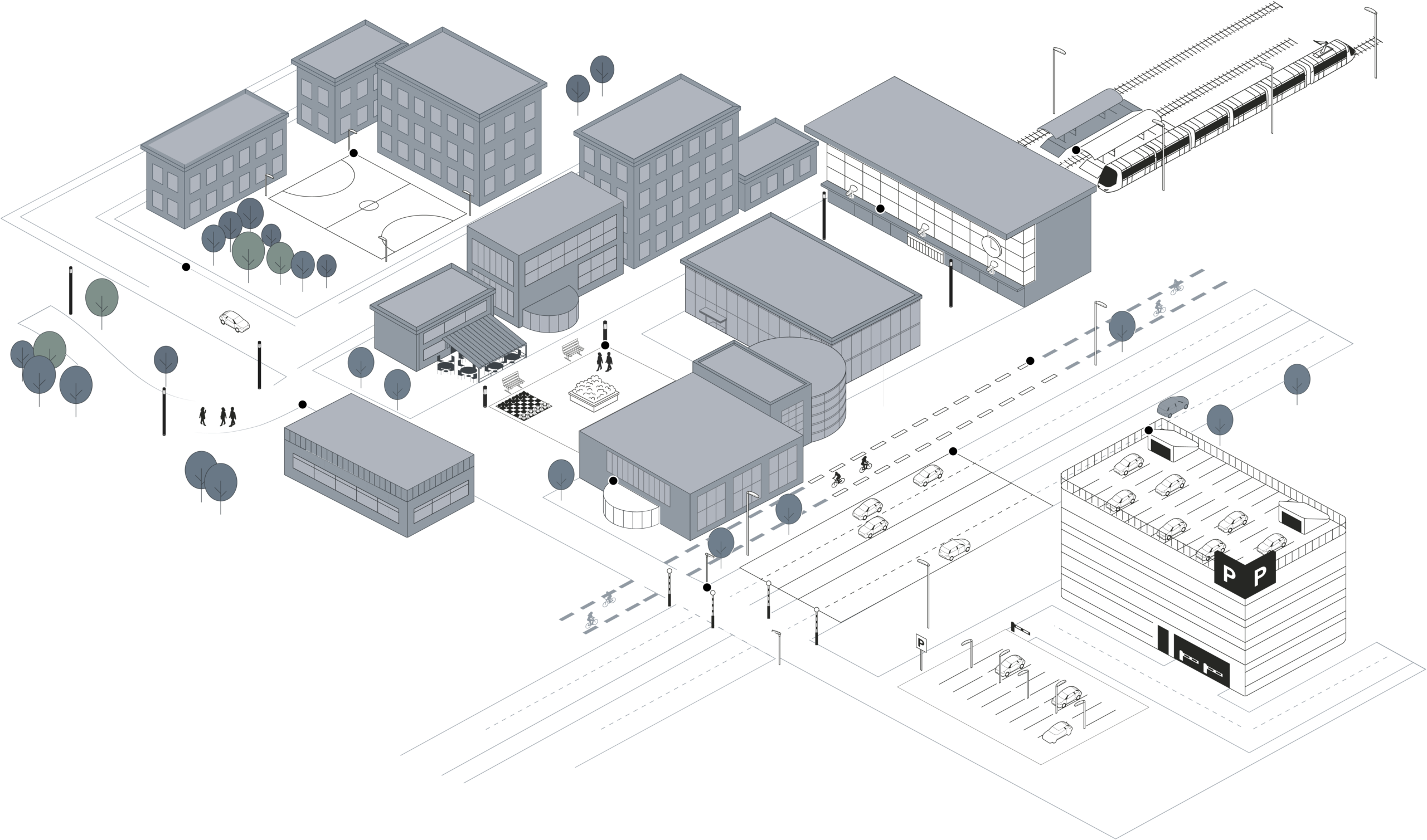 Isometrisk stadsbild där gator, torg, gång‑ och cykelvägar lyser upp av moderna gatubelysningar, pollare och fasadarmaturer från PROLJUS AB, visuellt framhävande energieffektiva, hållbara och designade ljuslösningar för offentliga och kommersiella miljöer