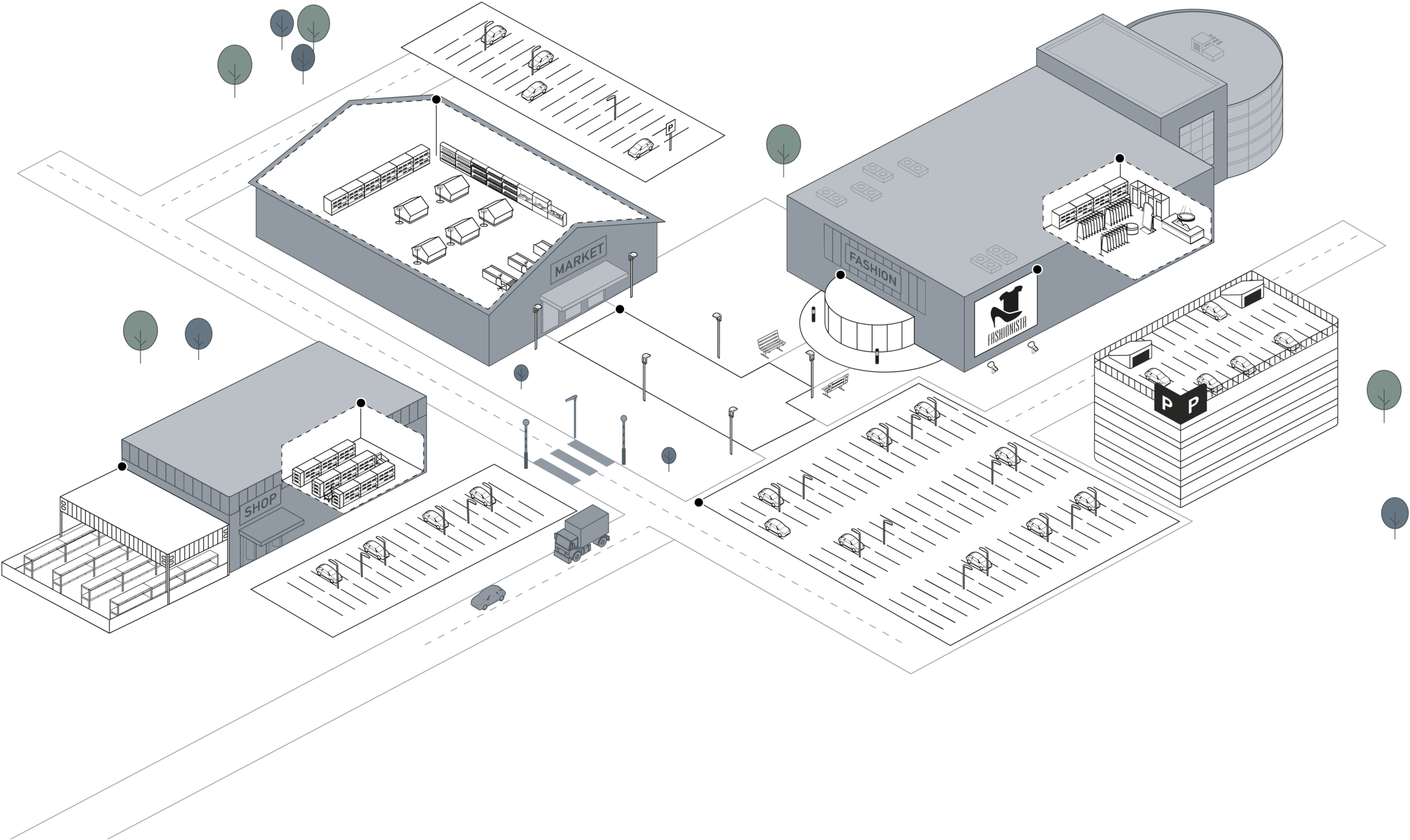 Isometrisk vy över ett handelsområde med butiker, lager, parkeringshus och stora parkeringsytor upplysta av många armaturer — höga parkeringsarmaturer, vägbelysning, fasad- och entrébelysning samt kraftfulla lagerlampor som demonstrerar PROLJUS AB:s energieffektiva, robusta LED-lösningar för trygg, kostnadseffektiv och säljdrivande belysning för kommersiella fastigheter