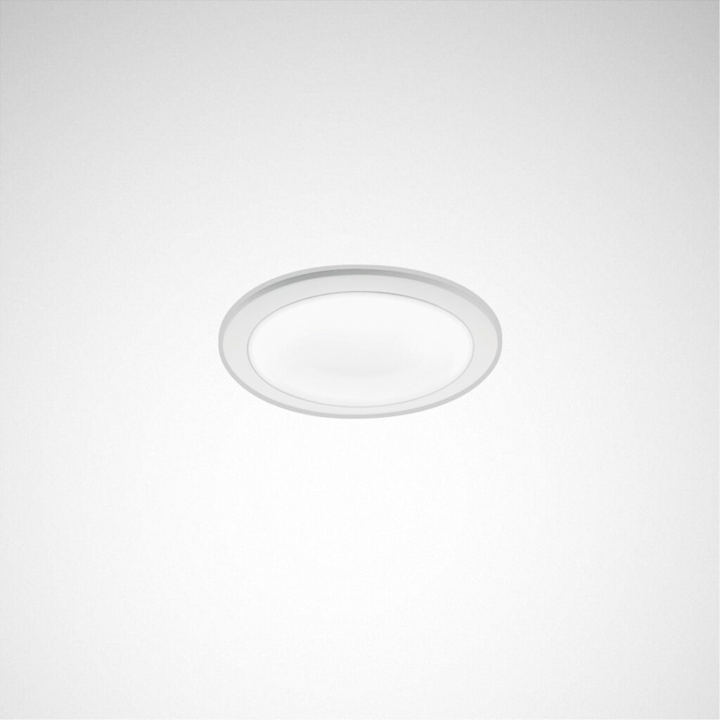 Rund infälld LED-armatur i vit takplatta som avger mjukt, jämnt ljus med slimmat modernt utförande och hög kvalitet, energieffektiv och stilren lösning för hem och kontor från PROLJUS AB