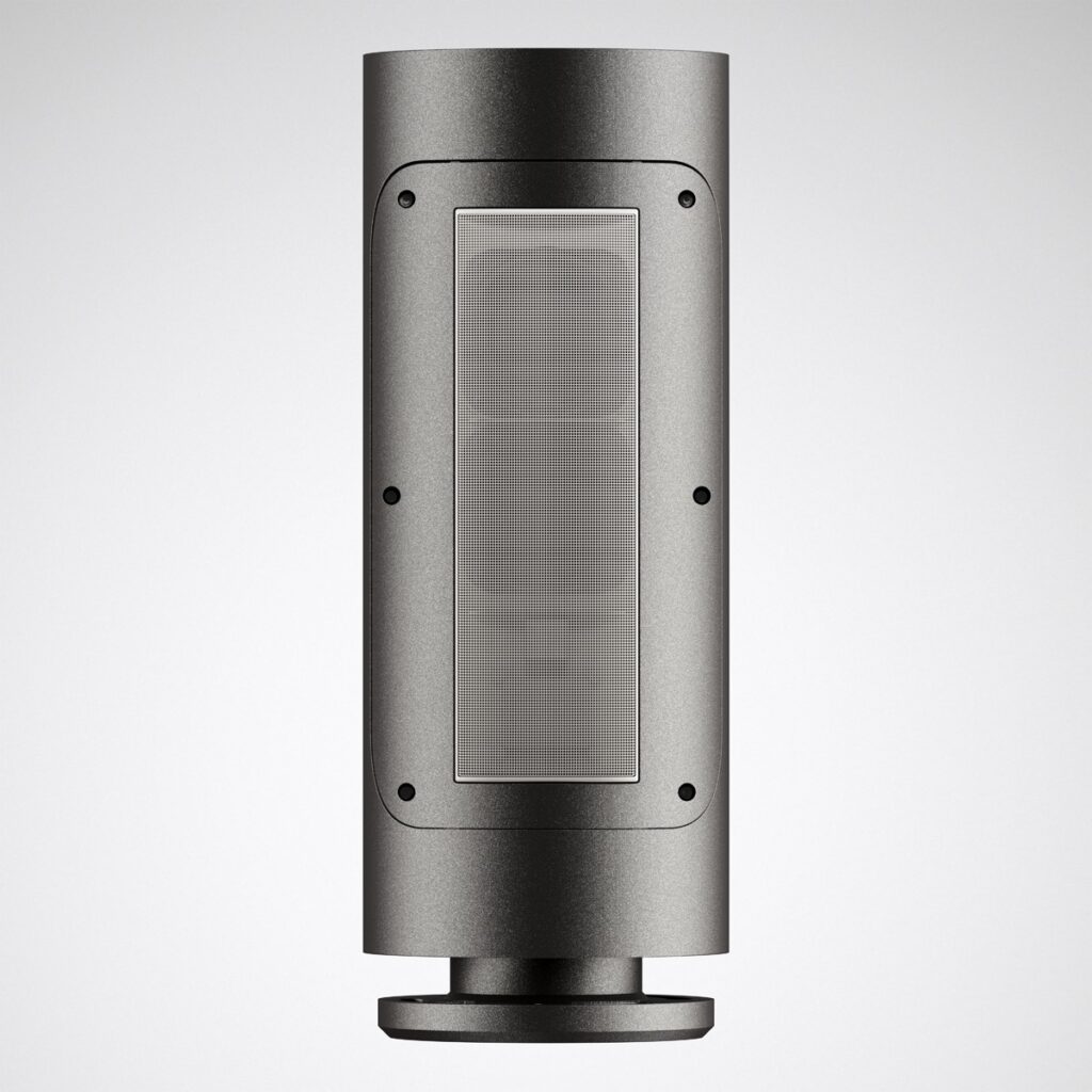 Cylindrisk vertikal armatur i borstad grafit med rektangulärt perforerat ljusgaller och stabil fot, elegant, energieffektiv och väderbeständig design från PROLJUS AB för fasad- och entrébelysning