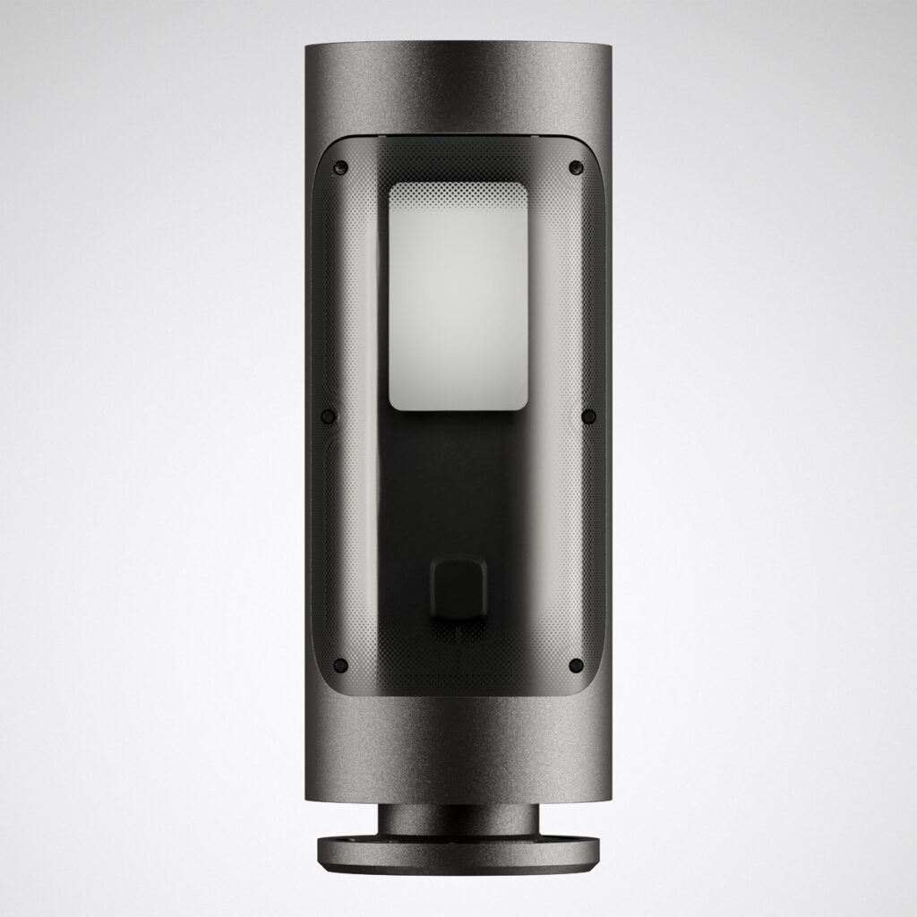 Vertikal cylindrisk LED-armatur i matt mörk metall med infälld rektangulär ljuspanel och diskret monteringsfot, designad för jämnt, energieffektivt utomhusljus och enkel integration i stads- och fastighetsprojekt i PROLJUS AB:s sortiment