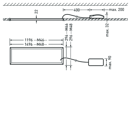 Teknisk ritning av infälld lågprofil LED-armatur från PROLJUS AB med 22 mm tunn ram och max infällningsdjup 32 mm, extern drivdon med max 90 mm och kabellängd 400 mm, finns i längderna 1196 mm och 1496 mm, energieffektiv jämn belysning idealisk för kontor och butik, kontakta PROLJUS AB
