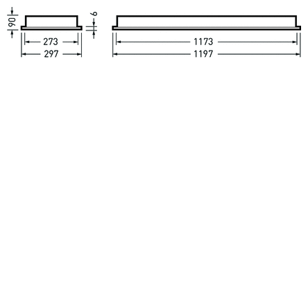 Teknisk skiss av två slimmade rektangulära LED-armaturer i två längder med måtten 297 mm och 1197 mm totalbredd samt innerbredder 273 mm och 1173 mm och låg profilhöjd 90 mm, energieffektiv och modern design för kontor, butik och industri från PROLJUS AB