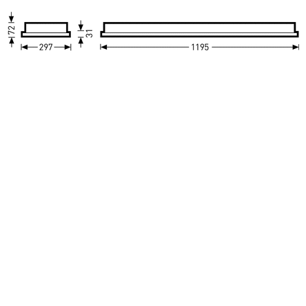 Två lågbyggda linjära LED-armaturer från PROLJUS AB, en 1195 mm lång och en 297 mm kort, profilhöjd 31 mm och totalhöjd 72 mm, elegant, energieffektiv och lättmonterad belysningslösning perfekt för kontor, skolor och butiker