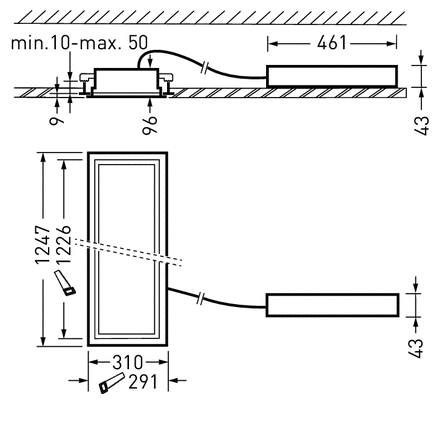 Teknisk ritning av slimmat infällt LED‑armatur från PROLJUS AB med separat drivdon och anslutningskabel, visar monteringsmått i mm: armaturhöjd 43 mm, underbyggnadshöjd 96 mm, kabel till drivdon 461 mm, försänkningsavstånd min 10–max 50 mm samt öppningsmått 1247×310 mm eller 1226×291 mm — energieffektiv och lättinstallerad lösning för professionell belysning