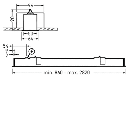 Teknisk ritning av en slimmad linjär LED-armatur med måttangivelser, justerbar längd 860–2820 mm, låg monteringshöjd 90 mm och markerad elanslutning, idealisk för professionell belysning och försäljning av PROLJUS AB