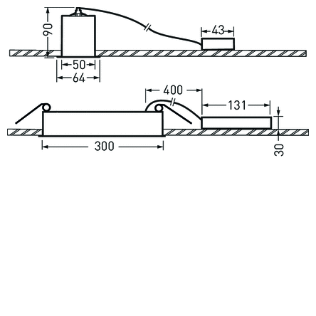 Teknisk bild av två PROLJUS-armaturer med mått: infälld rund downlight 90 mm hög med kabelanslutning och en lågprofil LED-skena 300 mm lång och 30 mm hög, tydliga installationsmått för enkel montering och energieffektiv belysning från PROLJUS AB