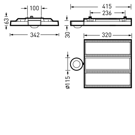 Ritning av rektangulär PROLJUS LED-armatur med tre modulära ljusbalkar, ytmonterad design 415×342×63 mm, tunn 30 mm profil, Ø115 mm anslutningsöppning, energieffektiv och robust armatur för industri- och lagerbelysning
