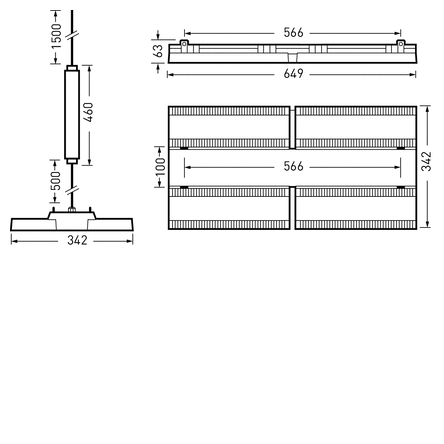 Teknisk vektorbild av PROLJUS ABs hängande LED-armatur med måttangivelser: total längd 649 mm, ljuslängd 566 mm, bredd 342 mm och höjd upp till 1500 mm, visar sid- och topplan, monteringsdetaljer och fyrdelad reflektor, energieffektiv modern design lämplig för kontor och industrimiljöer, enkel installation och jämn ljusspridning