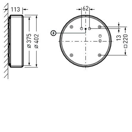 Teknisk ritning av rund takarmatur från PROLJUS AB med slimmad profil 113 mm, yttre diameter 402 mm och ljusutbredning Ø375 mm, visar infästningshål och kabelgenomföring för enkel installation, energieffektiv och robust lösning för professionell inomhusbelysning
