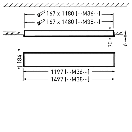 Teknisk illustration av rektangulära LED-armaturer från PROLJUS AB i två längder 1197 mm (M36) och 1497 mm (M38), tunn infälld profil 90 mm hög och 184 mm bred, energieffektiv och stilren belysning för kontor, skolor och offentlig miljö