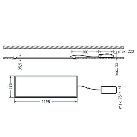 Teknisk ritning av en slank infälld LED-panel från PROLJUS AB, rektangulär armatur 1195 x 295 mm, maximal tjocklek 32 mm, infällningsdjup upp till 220 mm, driverlåda max 75 mm, kabelanslutning 300 mm från kant, profilhöjd 35,5 mm, modern energieffektiv design enkel att installera och idealisk för kontor och offentliga miljöer