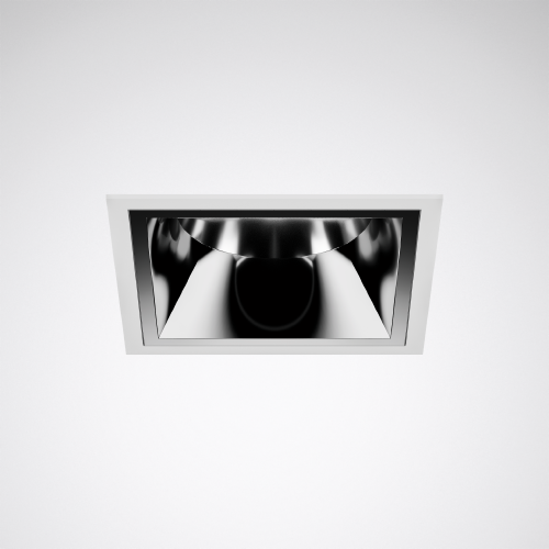 Rektangulär infälld downlight med spegelblank reflektor och riktat, energieffektivt ljus som skapar modern, professionell belysning för kontor och butiksmiljöer från PROLJUS AB