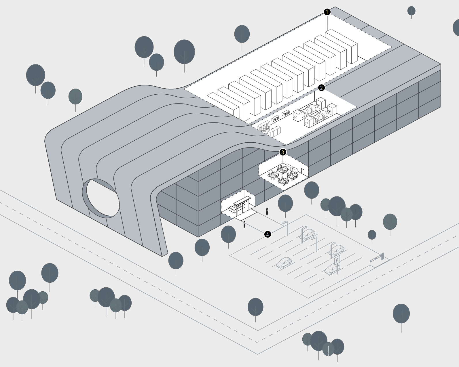 Isometrisk vy av kontors- och industribyggnad som visar PROLJUS AB:s LED-lösningar: highbay-armaturer i lager, riktade tekniska armaturer på taket, ergonomiska kontorspendlar, pollare vid entrén och stolpar i parkeringsområdet, energieffektiva och stilrena armaturer som förbättrar säkerhet, komfort och minskar driftkostnader
