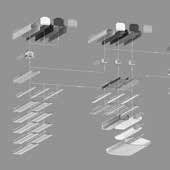 Modern visning av armaturer från PROLJUS AB med rälsmonterade spotlights och modulära paneler till vänster och dekorativa hängande pendellampor i flera nivåer till höger, energieffektiva och eleganta lösningar för butik, kontor och hotellmiljöer