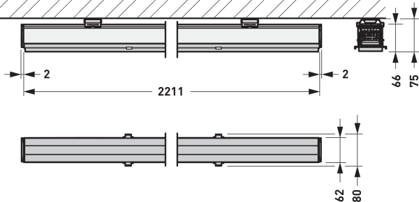Två parallella slanka linjära LED-armaturer från PROLJUS AB takmonterade med mått 2211 mm längd, 2 mm kantavstånd och höjder 66/75 mm och 62/80 mm som visar kompakt design, jämn ljusdistribution och enkel installation för butiks‑ och industrilokaler