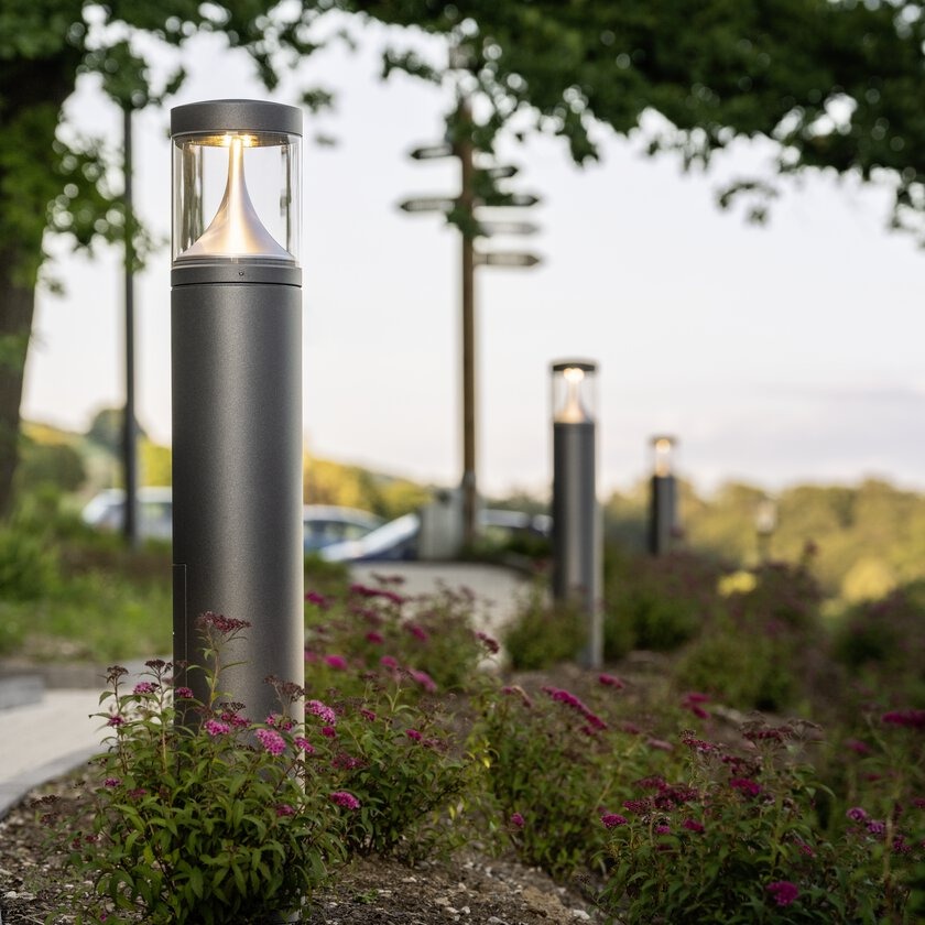 Modern, slitstark pollare i grå metall med klart skyddsglas och varm LED som lyser upp gångväg och planteringar, idealisk för entréer och utemiljöer från PROLJUS AB