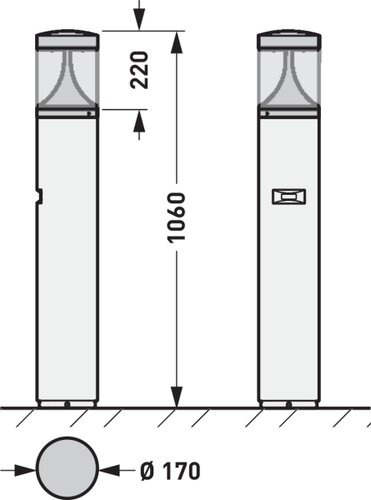 Två vyer av en elegant, robust pollarbelysning från PROLJUS AB med diffust, bländfritt ljus i toppsektionen, servicelucka för enkel installation och underhåll, mått höjd 1060 mm med 220 mm ljusdel och diameter Ø170 mm, perfekt för gångbanor, parker och offentliga miljöer