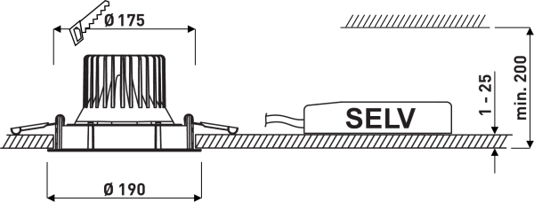 Teknisk skiss av infälld LED-downlight från PROLJUS AB med kylfläns, fjäderclips och separat SELV-drivdon ovan undertak, skärmått Ø175, yttermått Ø190 och minsta installationsdjup 200 mm, energieffektiv och enkel att installera för butiker och kontor PROLJUS AB