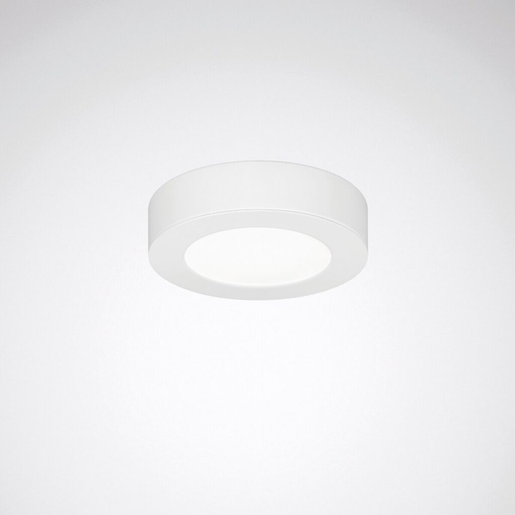 Modern rund vit ytmonterad LED-takarmatur med mjukt bländfritt sken, energieffektiv och stilren lösning för kontor, entréer och bostäder från PROLJUS AB