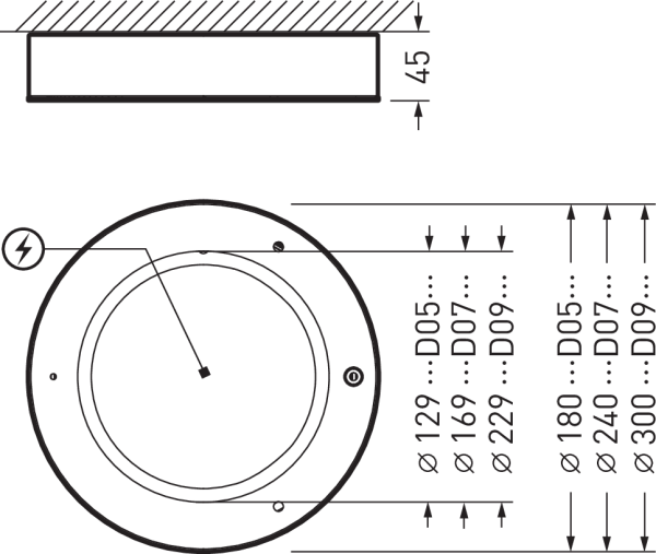 Ritning av PROLJUS AB:s infällda rundarmatur, slimmat 45 mm infällningsdjup, flera storlekar och montagediametrar markerade (Ø129 Ø169 Ø229; hål Ø180 Ø240 Ø300), elanslutning och monteringsdetaljer visade, elegant och robust design för energieffektiv LED-belysning och enkel installation i privata och kommersiella miljöer