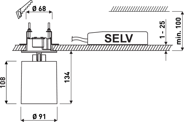 Teknisk ritning av infälld PROLJUS LED-armatur med mått: skärhål Ø68 mm, armatur Ø91 mm, infällningsdjup 108 mm och total höjd 134 mm; separat SELV-drivrutin placeras ovan undertak med minsta avstånd 100 mm och justerbar mellanrum 1–25 mm; energieffektiv och robust design idealisk för professionella installationer från PROLJUS AB