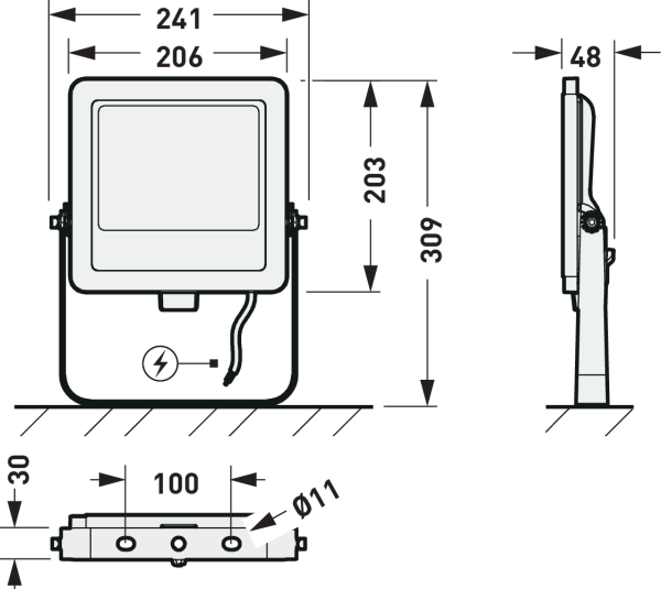 Teknisk illustration av kompakt utearmatur från PROLJUS AB med justerbart fäste, slimmad profil 48 mm djup, yttermått 241 × 309 mm, ljusenhet 206 × 203 mm, monteringshål Ø11 mm med 100 mm centrumavstånd, utgående kabel och elsymbol, robust och lättmonterad lösning för professionell utomhusbelysning
