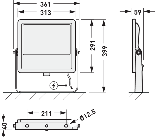 Teknisk ritning av PROLJUS ABs slimmade utomhusstrålkastare i front-, sid- och bottentvy med mått: bredd 361/313 mm, höjd 399 mm, ljusfält 291 mm, djup 59 mm, monteringshålsdiameter Ø12,5 mm med 211 mm mellan hål, justerbart fäste för enkel inriktning, robust design för professionella anläggningar och energieffektiv belysning