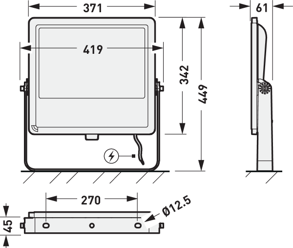Teknisk ritning av PROLJUS ABs robusta LED-strålkastare med slimmat djup 61 mm, totalhöjd 449 mm, justerbart monteringsfäste, monteringsavstånd 270 mm och hål Ø12,5 mm, kabelutgång och energieffektiv väderbeständig konstruktion för professionell utomhusbelysning