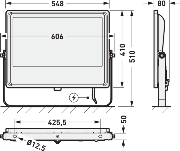 Teknisk ritning av PROLJUS flodljusarmatur i rektangulärt, ställbart utförande med måttangivelser (bredd 548 mm, front 606 mm, höjd 510 mm, djup 80 mm, bottenfäste 425,5 mm, tjocklek 50 mm, monteringshål Ø12,5 mm) som visar kabeluttag och robust konstruktion för energieffektiv och driftssäker utomhusbelysning idealisk för industriella och kommersiella projekt från PROLJUS AB