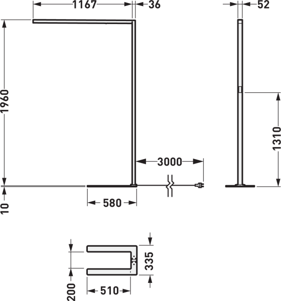 Teknisk ritning av PROLJUS golvlampa med L-format arm, tunn LED-profil, stabil bas och 3000 mm kabel, tydliga mått för projektering, energieffektiv och stilren nordisk design från PROLJUS AB