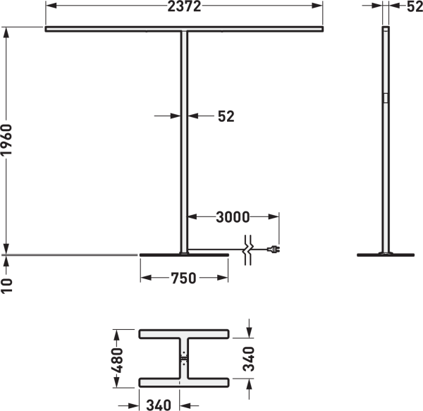 Teknisk ritning av T‑formad linjär golvarmatur från PROLJUS AB med 2372 mm ljusbalk, totalhöjd 1960 mm, 52 mm smal stolpe, 750 mm fotplatta och 3 m nätkabel, stilren och energieffektiv belysning för kontor och offentliga miljöer med hög ljuskomfort