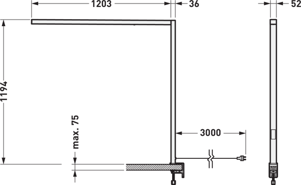 Teknisk ritning av PROLJUS ABs eleganta L‑formade väggarmatur i tunn LED‑profil, 1194 mm hög med 1203 mm horisontell arm, 52 mm tjock, inbyggt drivdon vid basen och 3000 mm kabel, max installationsavstånd 75 mm, energieffektiv och lättmonterad, idealisk för kontor, entréer och arkitektonisk belysning, beställ från PROLJUS AB