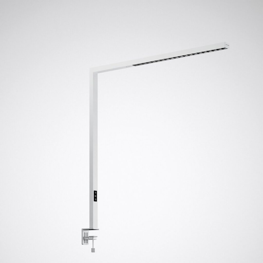 Vit minimalistisk LED-armatur med lång justerbar arm och bordsklämma, riktat bländfritt arbetsljus och energieffektiv premiumkvalitet, modern design perfekt för kontor och arbetsplatser från PROLJUS AB
